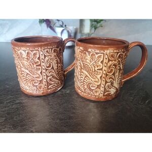 Vintage Floral Embossed Tooled Leather Design Stoneware Coffee Mugs Set of 2 Cup